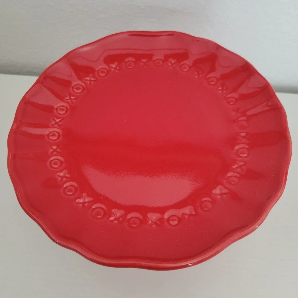 Pottery Barn Red Ceramic Dessert Stand XOXO Love Themed Small Pedestal EUC
